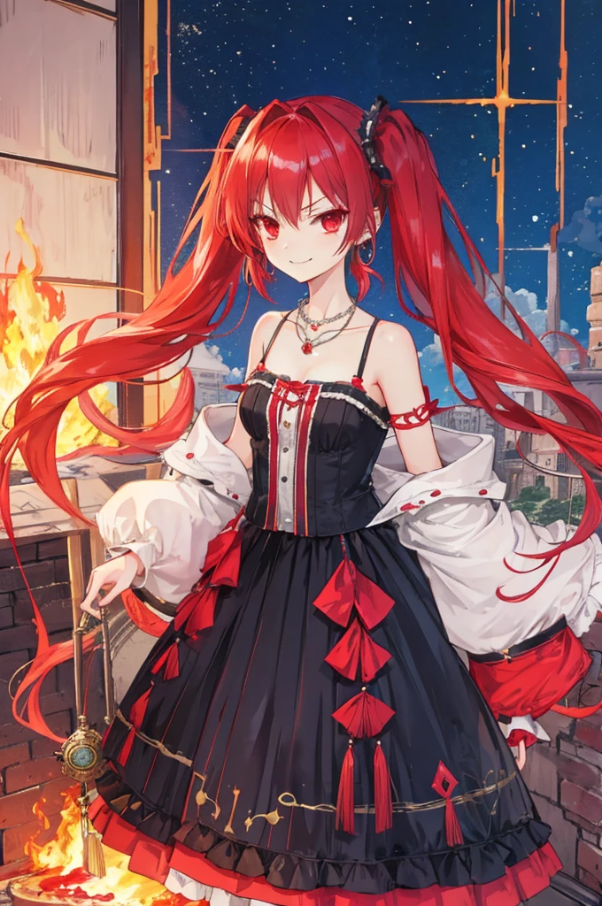 {{Eroge,Game CG,High quality game CG},{{{1girl in}}},{{masutepiece}}, {{{Best Quality}}}, {{Ultra-detailed}}, {{Illustration}},,{{magical little girl}},brooches,,,, {{disheveled hair}},,Big hair, Gradient Hair,Small breasts,,,Drill Hair, {pocket watch},absurdly long hair, Dreadlocks, Red hair, Red hair,Red hair,Gradient Hair,((Evil smile)), v shaped_eyebrows, zettai_ryouiki,,,, floral print and pleated skirt. Add accessories like fringed earrings or a statement necklace.、Complete the look. Gather on the grassland with adventurers,burning city background,((Shoulders and arms are exposed)),(Evil smile),Furious,(Evil smile),(loli girl),(loli girl),Jewel-like red eyes,(Arms Exposed),((high twintails)),twintails, girl,((full body)),angry,