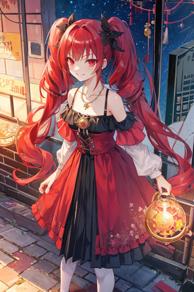 {{Eroge,Game CG,High quality game CG},{{{1girl in}}},{{masutepiece}}, {{{Best Quality}}}, {{Ultra-detailed}}, {{Illustration}},,{{magical girl}},brooches,,,, {{disheveled hair}},,Big hair, Gradient Hair,Small breasts,,,Drill Hair, {pocket watch},absurdly long hair, Dreadlocks, Red hair, Red hair,Red hair,Gradient Hair,((Evil smile)), v shaped_eyebrows, zettai_ryouiki,,,, floral print and pleated skirt. Add accessories like fringed earrings or a statement necklace.、Complete the look. Gather on the grassland with adventurers,burning city background,((Shoulders and arms are exposed)),(Evil smile),Furious,(Evil smile),(loli gl),(loli gir,Jewel-like red eyes,(Arms Exposed),((high twintails)),twintails, girl,((full body)),angry,