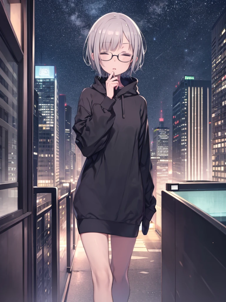 Short Hair Woman, Gray Hair, Wear glasses, Wearing a black sweatshirt, close your eyes, walk, The mouth teaches, With nothing in hand, At the office at night, Buildings at night in the scenery seen from the window