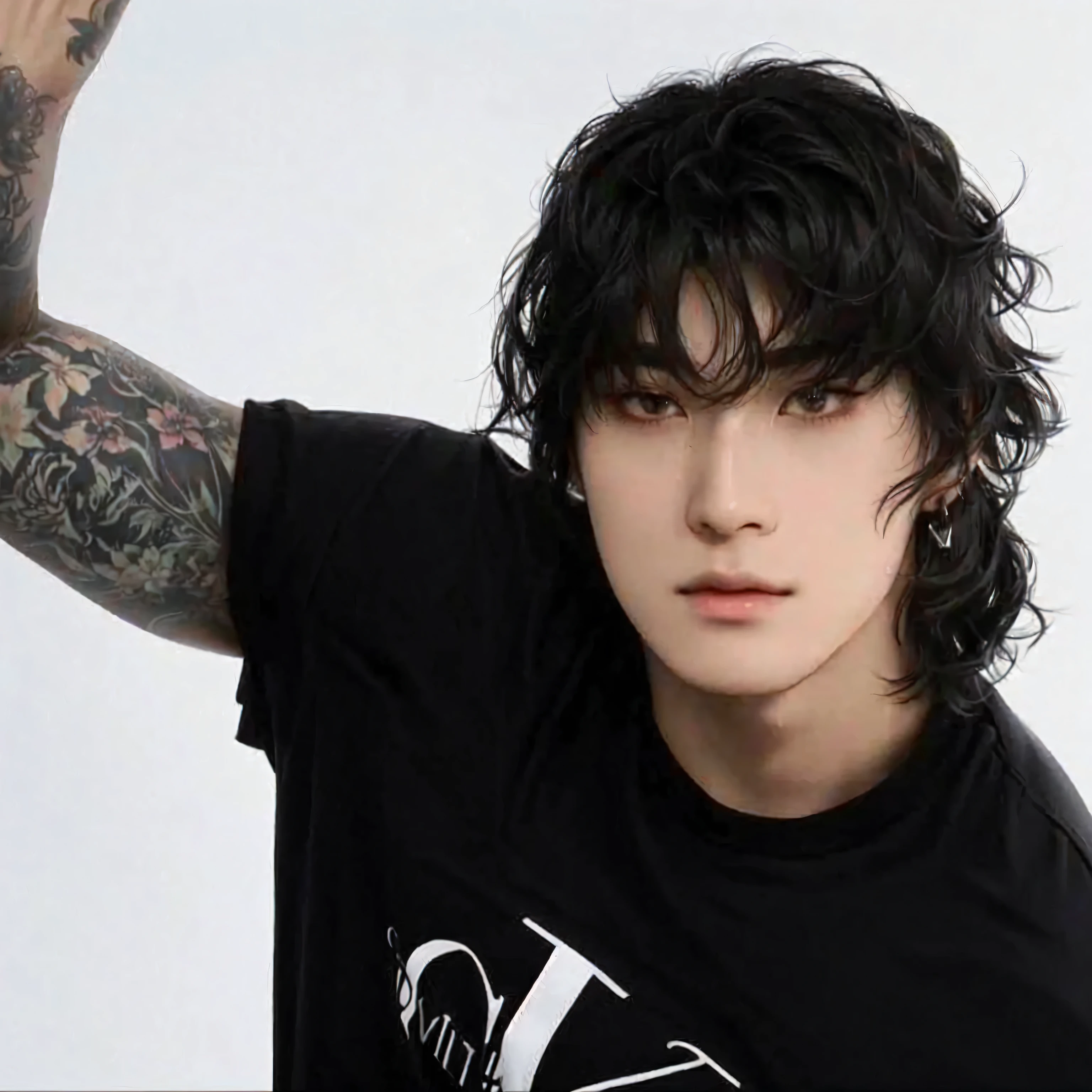 fit man with a tattoo on his arm and a black shirt, Cai Xukun, Wonbin Lee, Jinyoung Shin, hyung tae, Jungkook, androgynous person, androgynous male, taejune kim, Sui Ishida com cabelo preto, Hong junho hyung, Finn Wolfhard, androgynous, Yoongi de cabelo preto, Steve Jung, Hyung Tae Kim