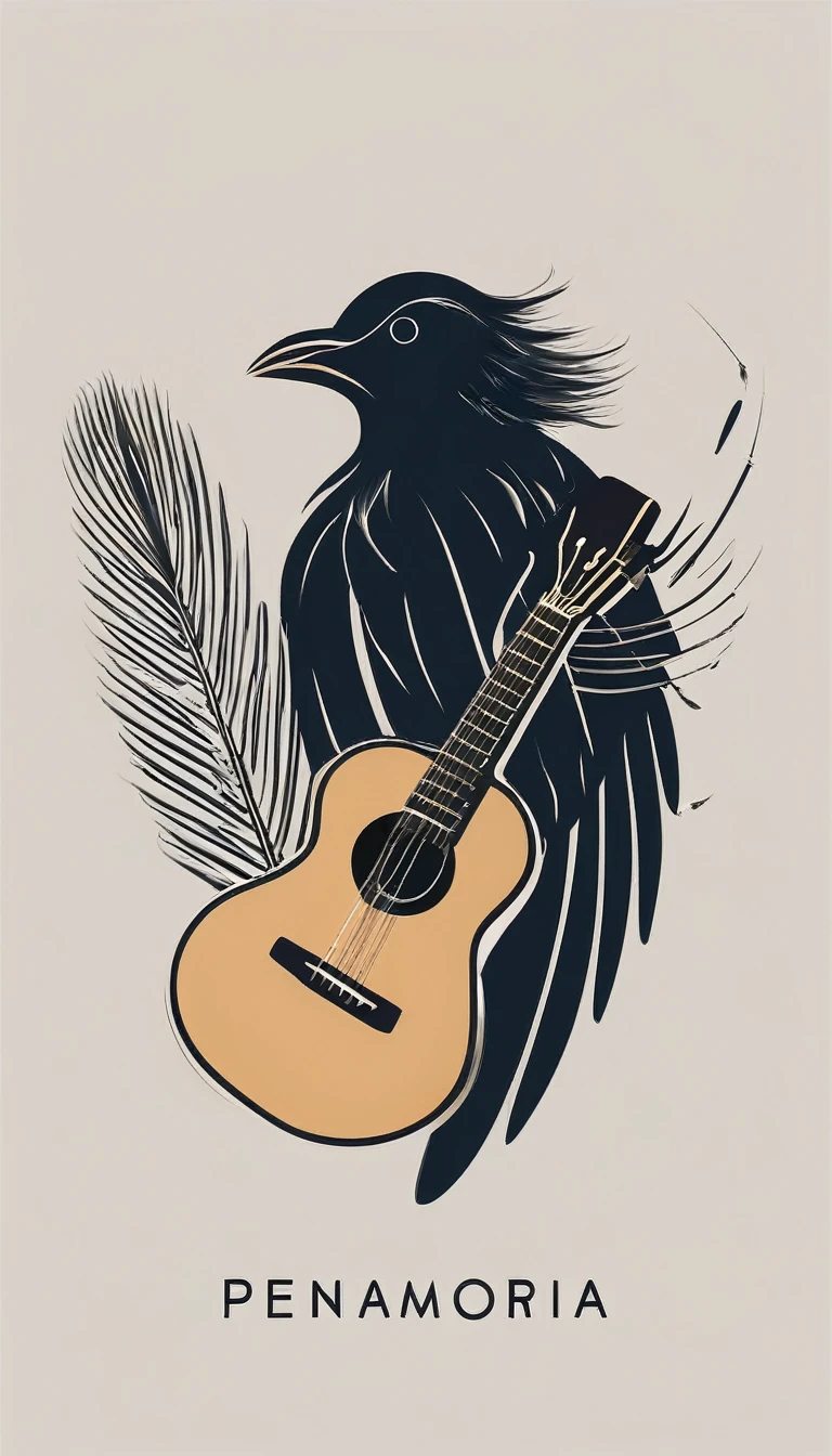 A minimal, modern, simple, cinematic logo design for the brand “Penamemoria". The logotype must be a boy playing acoustic guitar alongside a bird and a feather. The logo must convey a sense of music, stories and dreams. Minimalistic logo of a boy playing acoustic guitar and dissolving into a feather