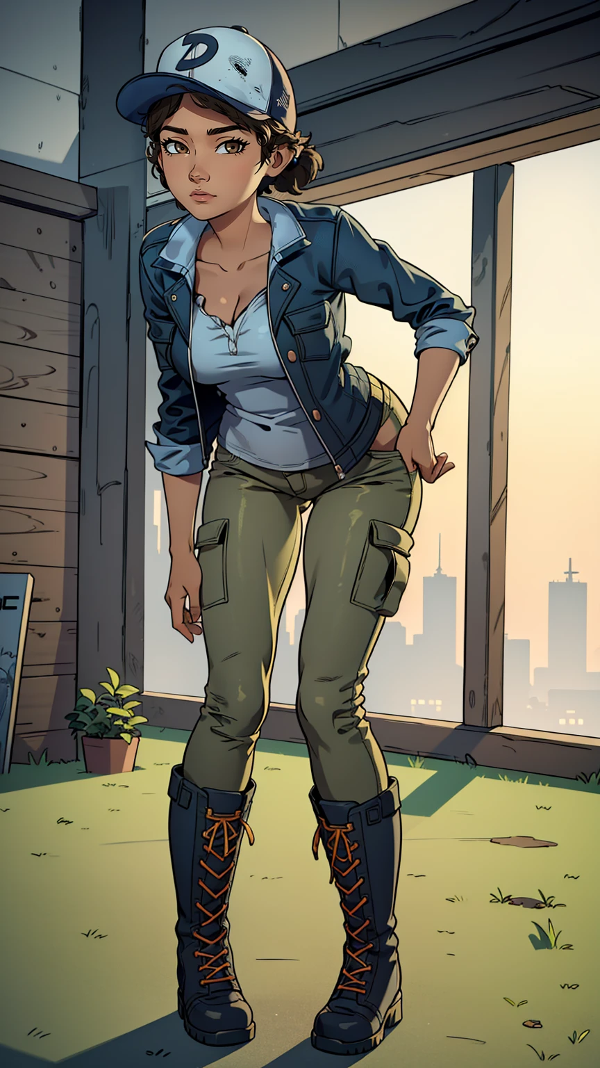 ((masterpiece, best quality)),(complex lighting) ,solo,(((1girl))) ,clementine, light skin,light-skinned female, baseball cap, green cargo pants, brown eyes, tight pants, combat boots, shirt, short hair, one short ponytail, open denim jacket, huge butt, thicc butt , (((8k))), (((full body))), (((bent over))), (((looking at the viewer))), cameltoe