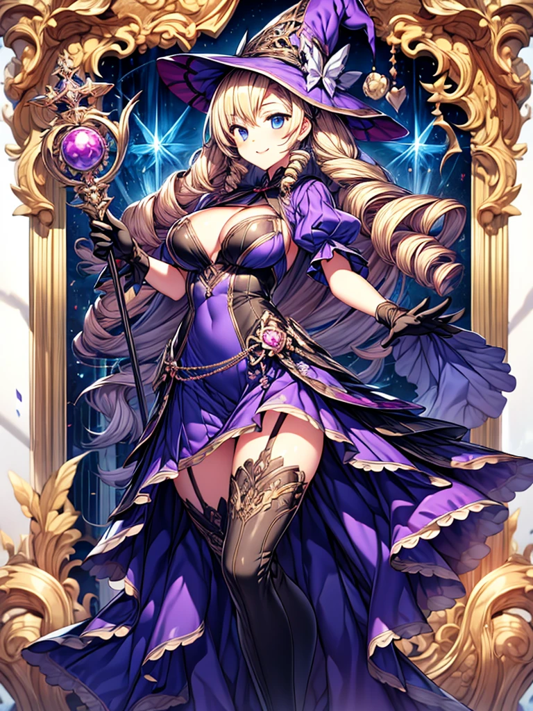 masterpiece, best quality, 1girl, solo, hat, blonde-hair, drill-hair, gloves, breasts, blue-eyes, witch-hat, thigh-boots, thighhighs, boots, elbow-gloves, open-mouth, staff, purple-headwear, smile, dress, full-body, simple-background, cleavage, large-breasts, looking-at-viewer, purple-dress, very-long-hair, purple-gloves, holding, purple-footwear, wand standing-on-one-leg, twin-drills, holding-staff, witch, black-footwear, puffy-sleeves