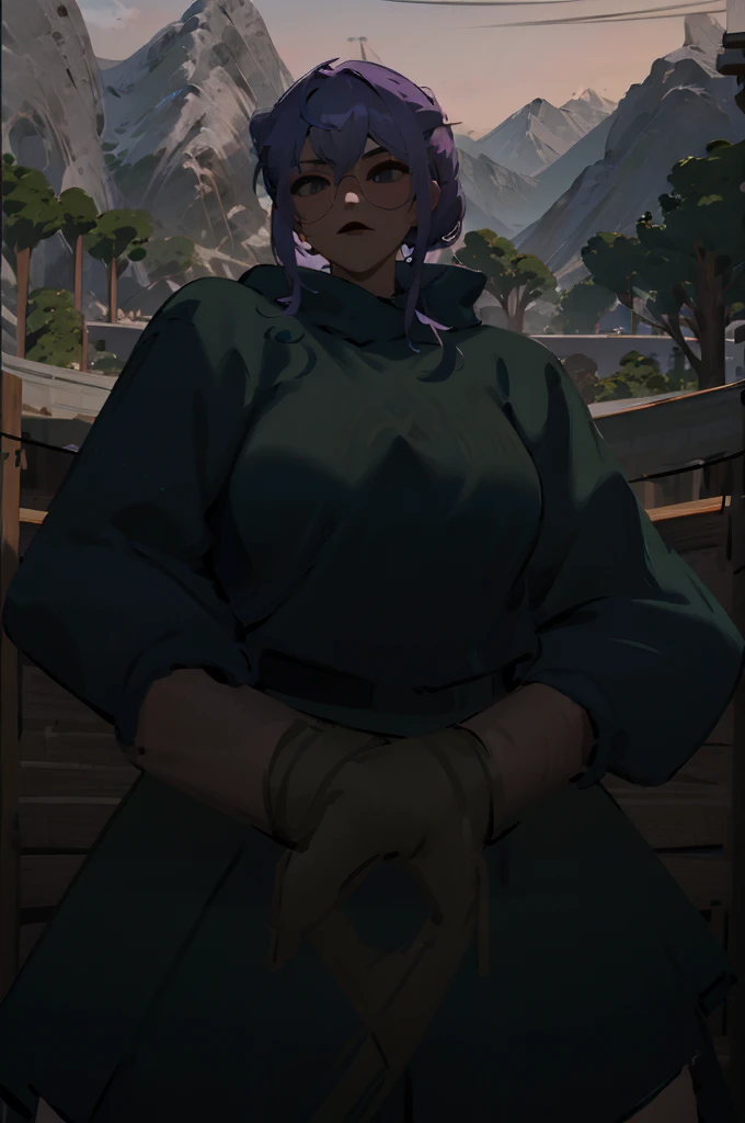 1girl, solo, purple hair, green jacket, black skirt, mountain in background, wearing glasses, perfection, beautiful
