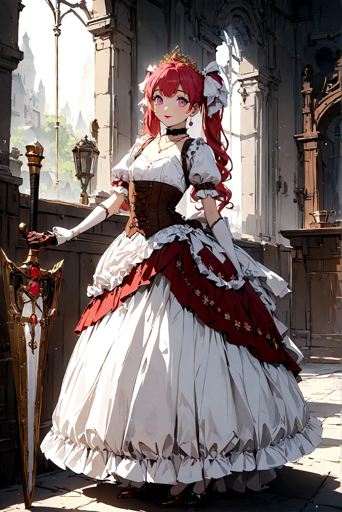 (best quality,4k,8k,highres,masterpiece:1.2),ultra-detailed, Pretty  princess, drawn in anime style, is cute and happy, long red pigtails hair, pink eyes, small breast, makeup and lipstick, steampunk, red and white ball gown with puffy sleeves, physically-based rendering,gorgeous frilly dress design,flowing gown,elaborate lace details,rich textures,contrast stitching,delicate ribbon bows,floral accents, daisy flowers embroidery, full skirt,short sleeves,fitted waistline,flared cuffs,lace-up back,luxurious fabrics,flawless silhouette, petticoat, bloomers, bustle, corset, hair ribbons, white elbow gloves, ruby earrings and necklace, gold tiara, high heels, holding a fencing sword, standing in castle bedroom, highly detailed, 4K.