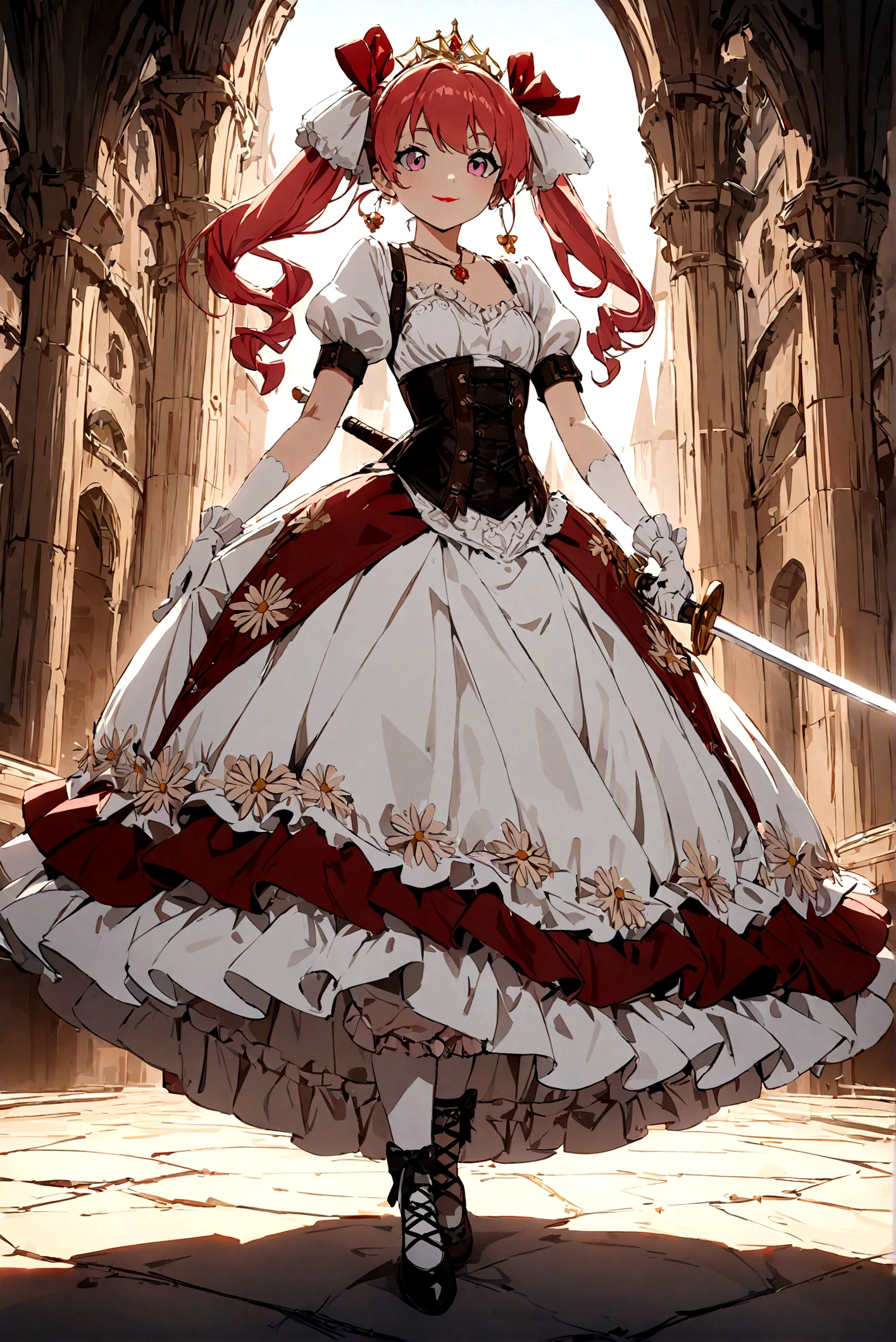 (best quality,4k,8k,highres,masterpiece:1.2),ultra-detailed, Pretty 15 years old princess, drawn in anime style, is cute and happy, long red pigtails hair, pink eyes, small breast, makeup and lipstick, steampunk, red and white ball gown with puffy sleeves, physically-based rendering,gorgeous frilly dress design,flowing gown,elaborate lace details,rich textures,contrast stitching,delicate ribbon bows,floral accents, daisy flowers embroidery, full skirt,short sleeves,fitted waistline,flared cuffs,lace-up back,luxurious fabrics,flawless silhouette, petticoat, bloomers, bustle, corset, hair ribbons, white elbow gloves, ruby earrings and necklace, gold tiara, high heels, holding a fencing sword, standing in castle bedroom, highly detailed, 4K.