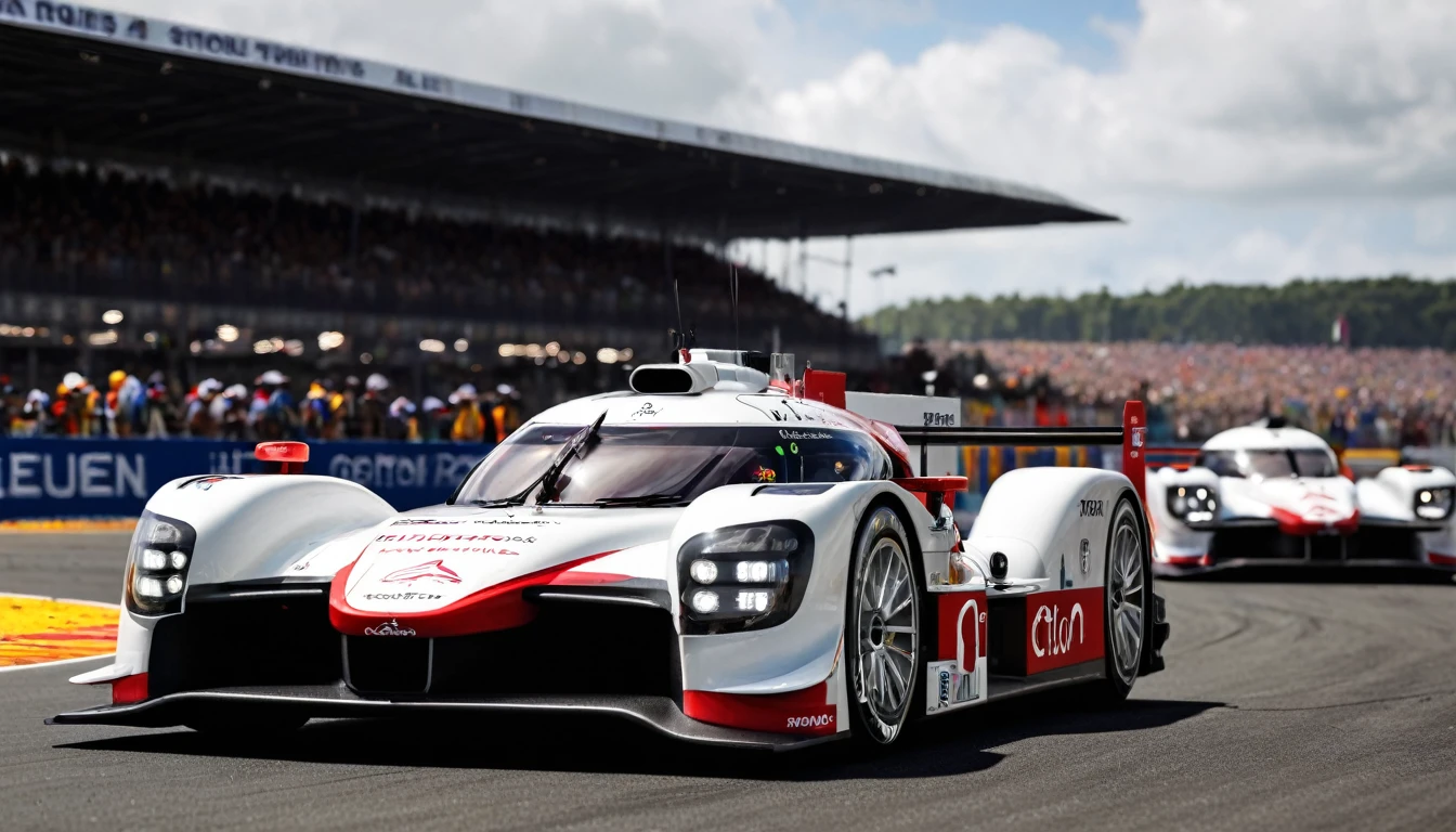 ultra realistic photo of a Citroën prototype at the 24 hours of Le Mans, on the starting line of the circuit