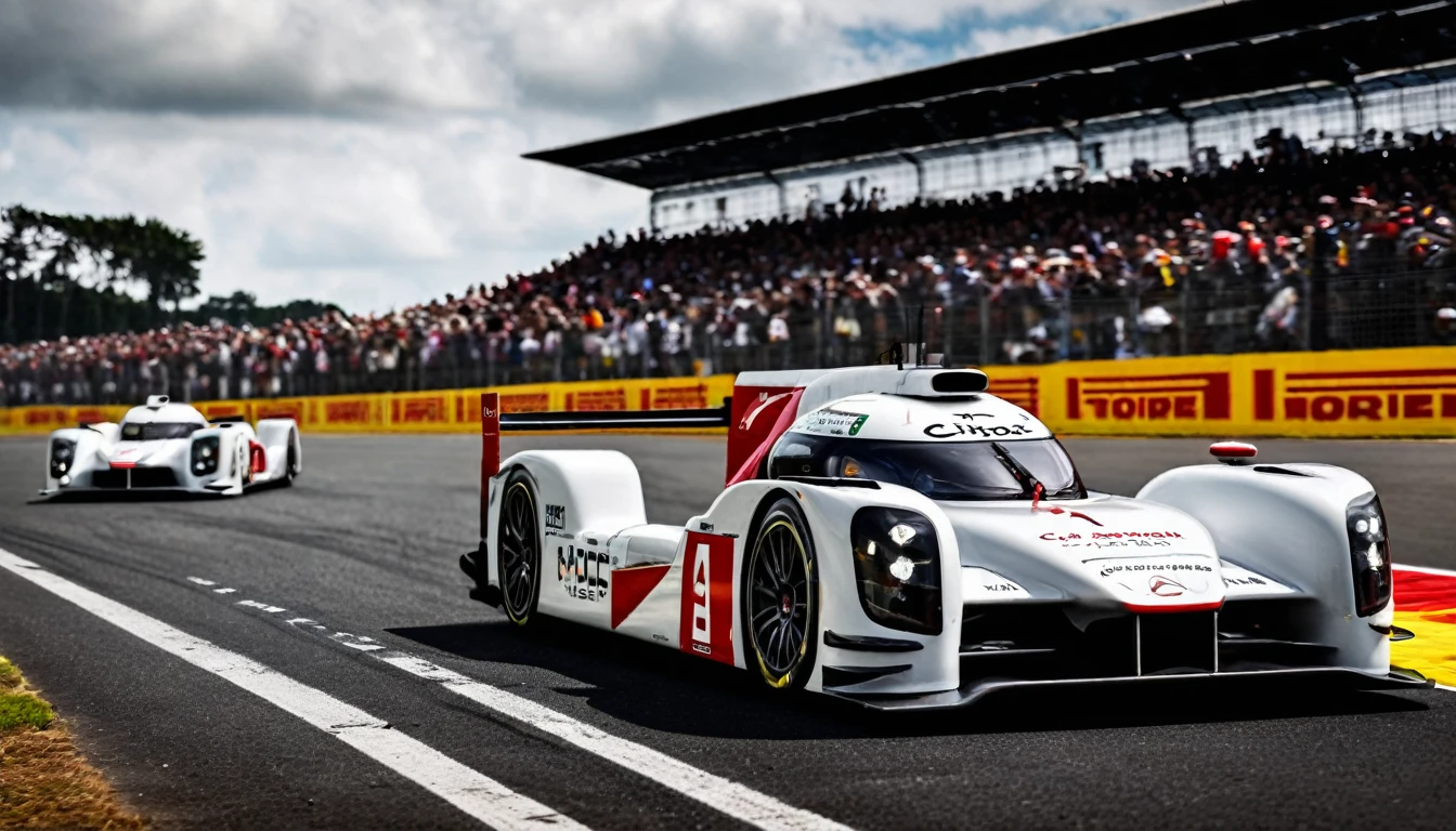 ultra realistic photo of a Citroën prototype at the 24 hours of Le Mans, on the starting line of the circuit 