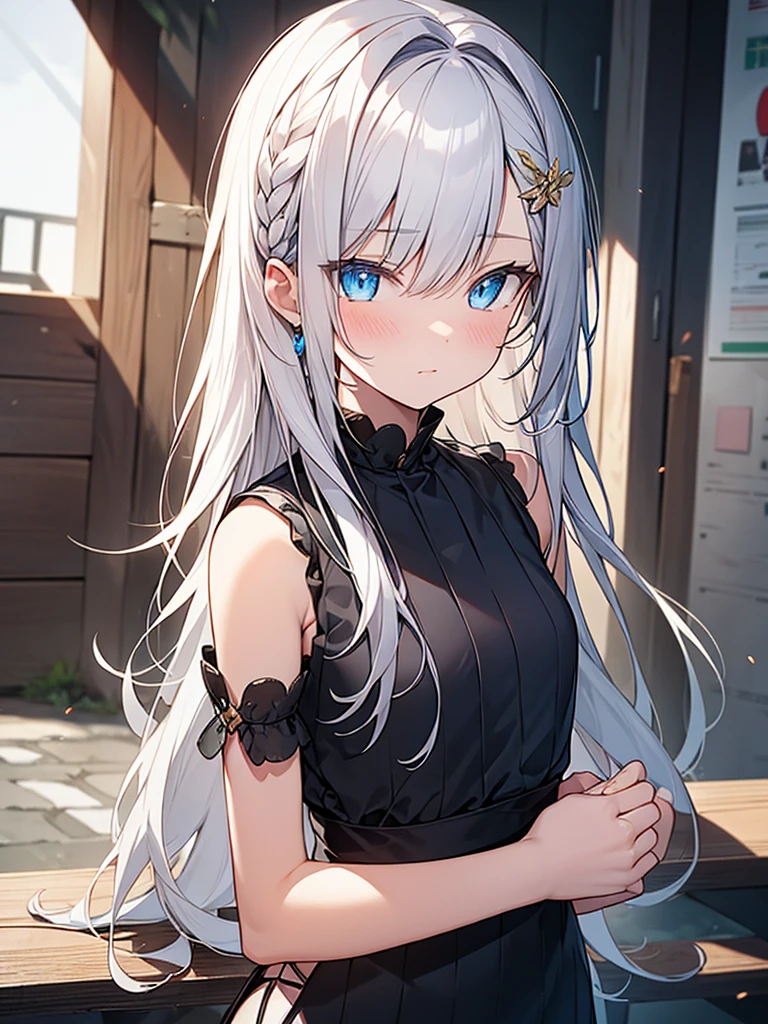 single anime girl
BREAK long white-silver hair, braid, side bangs, hair ornament, flower hair clip, blue eyes, thin lips, small , thin thighs
BREAK casual dress, gold ring, sleeveless dress, dark blue dress
BREAK looking at viewer, upper body, blush, slightly annoyed face, walking, dynamic pose
BREAK middle ages city background
BREAK (masterpiece:1.2), best quality, high resolution, unity 8k wallpaper, (illustration:0.8), (beautiful detailed eyes:1.6), extremely detailed face, perfect lighting, extremely detailed CG, (perfect hands, perfect anatomy)