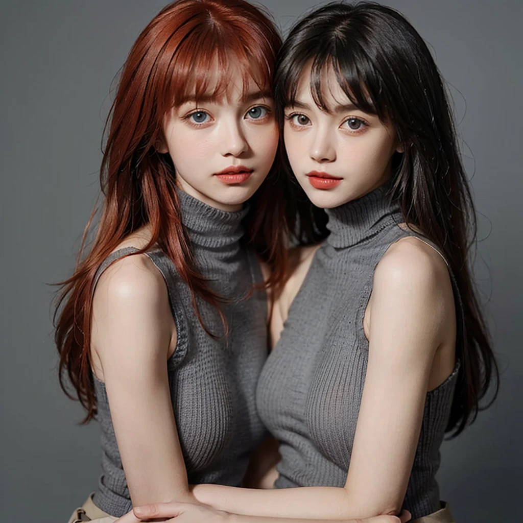 Masterpiece, Best Quality, (Realistic, Super Real, Super Reality:1.5), (Photography), 1girl, (Neat and Innocent Character, Gentle Atmosphere:1.2), ((Red Color Hair, Straight Long Moist hair:1.2)), (Smile:0.8), (Tender eyes), (blunt bangs, Very Long Hair:1.2), Looking at Viewer, Cowboy Shot, Cinemagraph, BREAK (Perfect beauty, Very Porcelain Skin, Very Fair Skin, Fine and Beautiful Skin, Super Smart, Faces with random and very beautiful details, (Symmetrical beautiful face, symmetrical beautiful eyes, Red Color Eyes, Fine Eyes Detail, Fine face:1.3), (Large eyes, Hyper Detail Eyes, Very Clear Eyes:1.2), Both eyes are synchronized, Focused Gaze, on focus, Look at us, (Thin Lips:1.2), Crimson Red Color Lipstick, Beautiful Face, Nasal stripes are well defined), Brake ((Gray Color Very Tight Sleeveless Turtleneck Knit:1.5), (Beige Color, Cotton, Skirt:1.2)), (Black Wide Choker), ((White Color Simple Gradation Background:1.3)), Flat Lighting, (Large Breasts, Well-Shaped Breasts:1.4), BREAK (7 Head-toll, Model Figure, Thin Neck, Thin shoulder, sloped shoulder, (narrow shoulders, thin upper chest, Thin under the chest, thin waist), Thin Arms, Thin Legs:1.2),