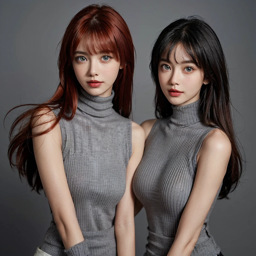 Masterpiece, Best Quality, (Realistic, Super Real, Super Reality:1.5), (Photography), 1girl, (Neat and Innocent Character, Gentle Atmosphere:1.2), ((Red Color Hair, Straight Long Moist hair:1.2)), (Smile:0.8), (Tender eyes), (blunt bangs, Very Long Hair:1.2), Looking at Viewer, Cowboy Shot, Cinemagraph, BREAK (Perfect beauty, Very Porcelain Skin, Very Fair Skin, Fine and Beautiful Skin, Super Smart, Faces with random and very beautiful details, (Symmetrical beautiful face, symmetrical beautiful eyes, Red Color Eyes, Fine Eyes Detail, Fine face:1.3), (Large eyes, Hyper Detail Eyes, Very Clear Eyes:1.2), Both eyes are synchronized, Focused Gaze, on focus, Look at us, (Thin Lips:1.2), Crimson Red Color Lipstick, Beautiful Face, Nasal stripes are well defined), Brake ((Gray Color Very Tight Sleeveless Turtleneck Knit:1.5), (Beige Color, Cotton, Skirt:1.2)), (Black Wide Choker), ((White Color Simple Gradation Background:1.3)), Flat Lighting, (Large Breasts, Well-Shaped Breasts:1.4), BREAK (7 Head-toll, Model Figure, Thin Neck, Thin shoulder, sloped shoulder, (narrow shoulders, thin upper chest, Thin under the chest, thin waist), Thin Arms, Thin Legs:1.2),