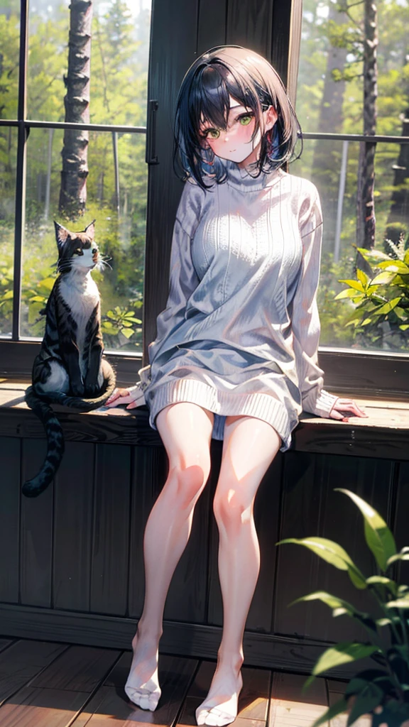 (Best quality, 8k, 32k, Masterpiece, UHD,:1.2),RAW, 1girl,ultra cute , natural lighting,transparent shining eyes, 20yo,medium breast ,fair complexion ,flushed face, dynamic angle, short hair, White oversized long knit sweater, Standing near windows, ((Big Norwegian Forest Cat at her foot)), Big Cat, Playing with Cat, fun, Closeup Shot