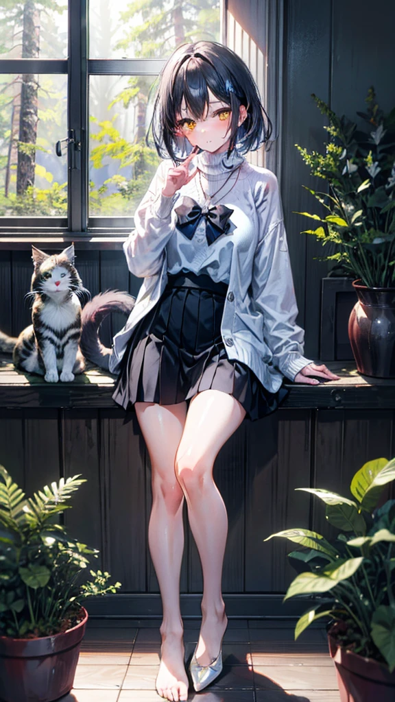 (Best quality, 8k, 32k, Masterpiece, UHD,:1.2),RAW, 1girl,ultra cute , natural lighting,transparent shining eyes, 20yo,medium breast ,fair complexion ,flushed face, dynamic angle, short hair, White sweater, Norwegian Forest Cat at her foot, squatting, Playing with Cat, shiny,From the front and Below, show off panties