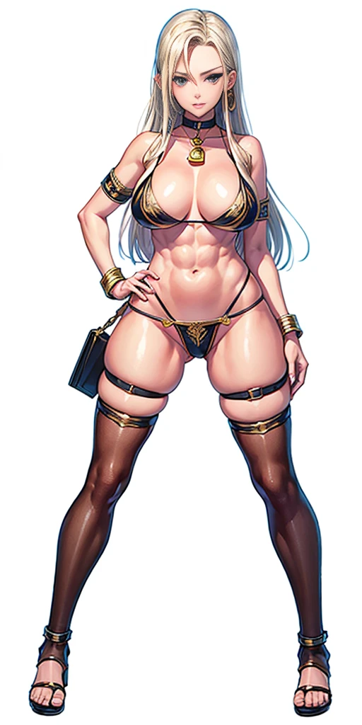 full body toe to head, masterpiece, 1soloMILF BIMBO standing loincloth pose hands on hips, leather collar choker neck bell shackles wristbands bracers bracelets sleeves and stockings, strong body, abs, shiny skin (masterpiece, best quality) 1girlsolo wearing 40K Warhammer sisters of battle whsororitas (plain background)