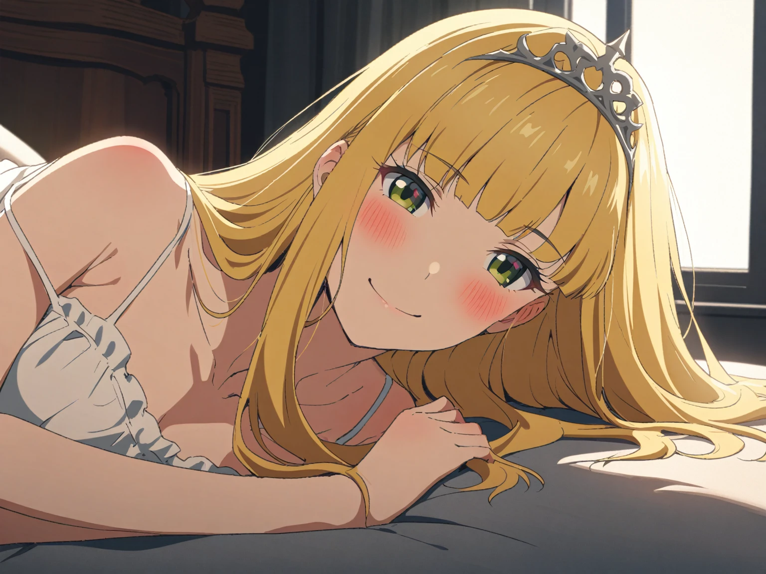 {{cowboy shot, face focus, sideways, pov, from side}} {{Artist: Sincos}} 1 woman ,solo, mature female, elegant, princess, medium breasts, straight hair, golden hair, long hair, hime cut, green eyes, nightgown, tiara lying on bed, smile, blush, indoors, palace bedroom, moonlight from window, medieval fantasy.
