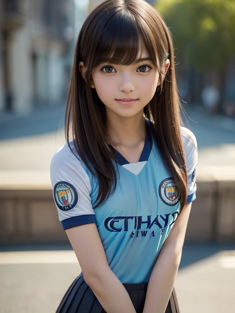 (8k, RAW Photos, highest quality, masterpiece:1.2), (Realistic, photo-Realistic:1.4), (Highly detailed 8k wallpaper), ((Full Body Shot)), (1 girl), Sharp focus, Depth of written boundary, Cinematic lighting, Soft Light, 緻密な美しさのeye, eye_Chan, Very beautiful 17 year old girl, innocent big eyes, Realistic, photo Realistic, Highly detailed cute girl, (Thin thighs), (Model Body Type), (((manchester city soccer jersey))), ((Micro Mini Pleated Skirt)), (((Fold your arms in front of your chest and act arrogantly))), ((A happy smile)), Parted lips, Watching the audience, (On the streets of Britain) , (Brown Hair),（Long Bob Hair), (Asymmetrical bangs)