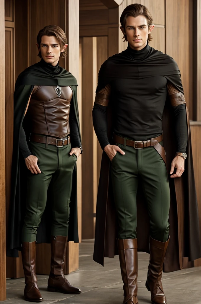 Half ELF half elf half man who is 1m75 tall he is a ranger he wears a black cape green pants a brown turtleneck a leather bracelet with brown eyes brown hair straight from the middle he also wears black ankle boots