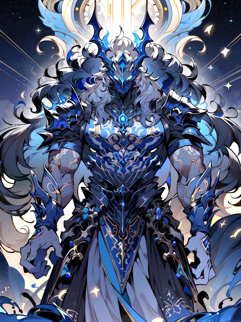 8K resolution, Highly detailed, Digital Painting, Concept art, of the highest quality, Best quality, One, beautiful, 1 man, with a sporty body, V-shaped body, glowing silver detailed armor with glowing blue details, black detailed helmet/crown, floating hair, long hair, white hair, glowing white eyes, blue threads, silver light, against the background of stars and galaxies
((best quality)),((masterpiece)),((highres)),((detailed)), original, extremely detailed 8K wallpaper,intricate details, hyperdetailed, hyper quality, high detail, ultra detailed,perfect lighting,, anime,comic,game CG,