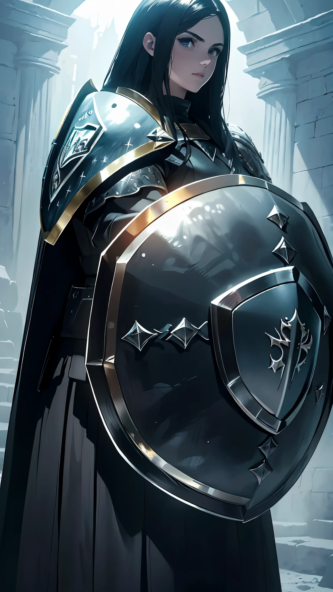 (Of the highest quality、4k、8K、high resolution、obra maestra:1.2)、Super detailed、(realista、Photorealista、Photorealista:1.37)、dark fantasy art、((big shield design:1.9))、An illustration、Metallic material、grabado detallado、patrones decorativos、acentos dorados、dark and moody atmosphere、mystical symbol、ruinas antiguas、Mythical creatures、Creepy lighting、una presencia amenazante、sombra siniestra、Niebla siniestra、colores brillantes、alto contraste、Sharp focus、arte conceptual、motivo guerrero、figura heroica、entorno medieval、dramatic perspective、arquitectura en ruinas、Magic tips。