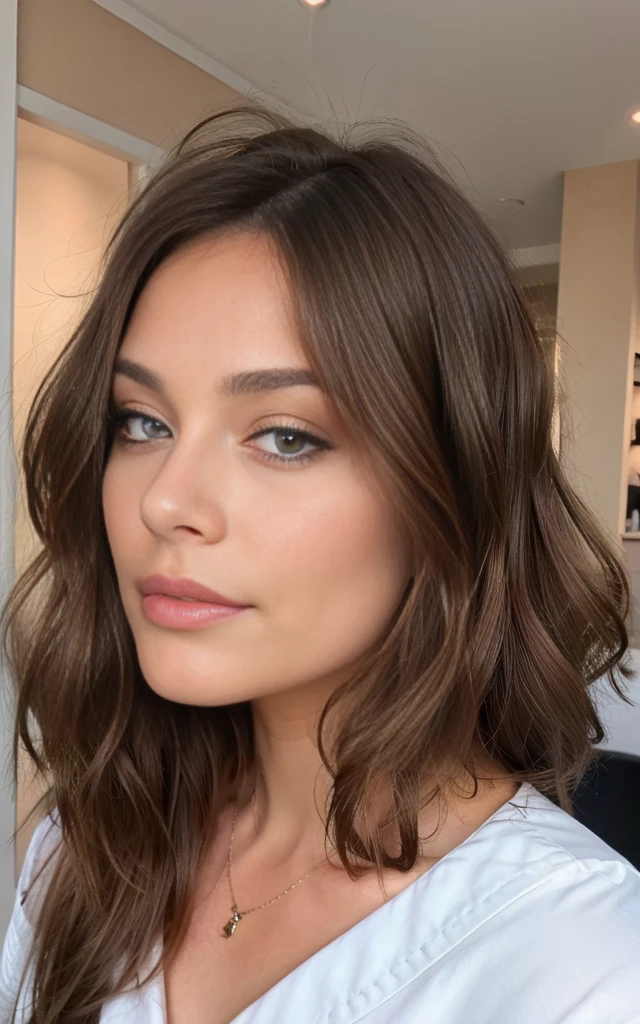 Belle brune portant un pull beige clair (Soins des ongles dans un salon de beauté moderne), very detailed, 21 ans, visage innocent, natural wavy hair, yeux bleus, high resolution, chef-d'artwork, Best quality, Intricate details, very detailed, mise au point nette, detailed skin, texture de peau réaliste, texture, detailed eyes, professionnel,