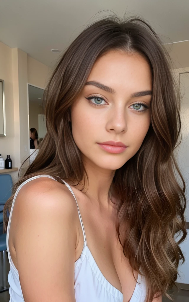 Belle brune portant un pull beige clair (Soins des ongles dans un salon de beauté moderne), very detailed, 21 ans, visage innocent, natural wavy hair, yeux bleus, high resolution, chef-d'artwork, Best quality, Intricate details, very detailed, mise au point nette, detailed skin, texture de peau réaliste, texture, detailed eyes, professionnel,