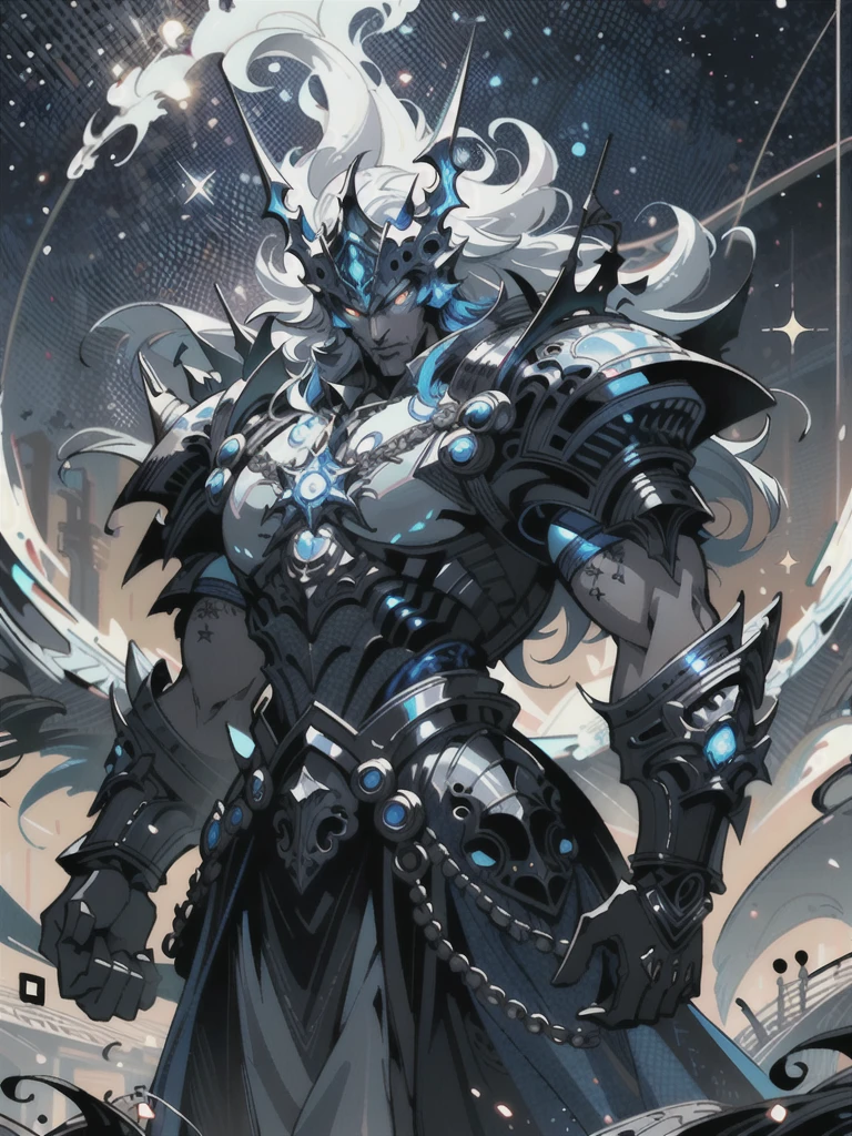 8K resolution, Highly detailed, Digital Painting, Concept art, of the highest quality, Best quality, One, beautiful, 1 man, with a sporty body, V-shaped body, glowing silver detailed armor with glowing blue details, black detailed helmet/crown, floating hair, long hair, white hair, glowing white eyes, blue threads, silver light, against the background of stars and galaxies
((best quality)),((masterpiece)),((highres)),((detailed)), original, extremely detailed 8K wallpaper,intricate details, hyperdetailed, hyper quality, high detail, ultra detailed,perfect lighting,, anime,comic,game CG,