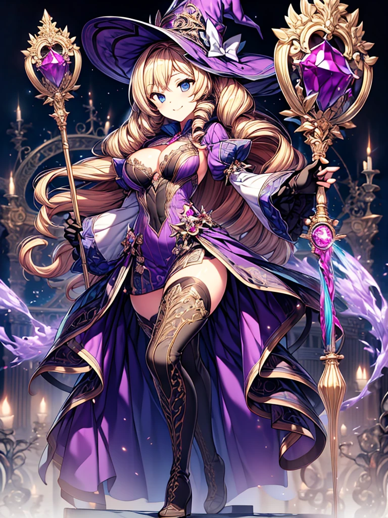 masterpiece, best quality, 1girl, solo, hat, blonde-hair, drill-hair, gloves, breasts, blue-eyes, witch-hat, thigh-boots, thighhighs, boots, elbow-gloves, open-mouth, staff, purple-headwear, smile, dress, full-body, simple-background, cleavage, large-breasts, looking-at-viewer, purple-dress, very-long-hair, purple-gloves, holding, purple-footwear, wand standing-on-one-leg, twin-drills, holding-staff, witch, black-footwear, puffy-sleeves
