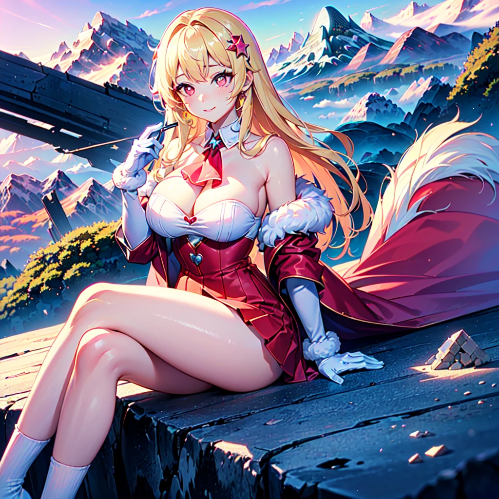 official art, masterpiece, sharp focueautiful gorgeous cute Korean woman:1.3), (beautiful cute korean:1.3), (beautiful and aesthetic:1.4), korean beauty, Delicate and beautiful hair and eyes and face, realistic, ultra detailed, beautiful girl, blue sky, glow white particle, (sidelighting:1.2), sun light, white cloud, detailed clouds, slender, Lovely very large breasts and very large hips,showing pink slip and lovely lips, (((shy and aroused, pink Star-shaped pupils, Red eyes)), (((Cuteness:1.7)), scenery, long straight hair, sexy facial expression, (mountainscape:1.7), dynamic hair, blonde long straight hair, detailed hair, streaked hair, glow pink eyes, sitting elegant near river (shoulder strap+fur coat over an off shoulder sweater+ red Ascot dress+cute pink skirt+princess pink cute collar+ white off shoulder blouse), white long socks, pale skin, epic scenery, hair ornament, Princess white gloves, appealing, (((Seduction:1.3))), air blow blonde long hairs, long black stocks, 1 anime girl pretty cute
