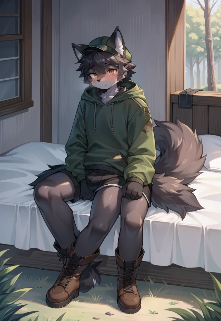 (Wolf, furry, anthropomorphic), male, feminine body, sitting on bed, bedroom background, outside, wearing shorts, wearing woodland camo hoodie, Furry art, Fur on arms, big Floofy tail, fur on legs, (Black Fur covering whole body, Best quality, human like body figure), Noon, wearing white hat, wearing boots, face blush