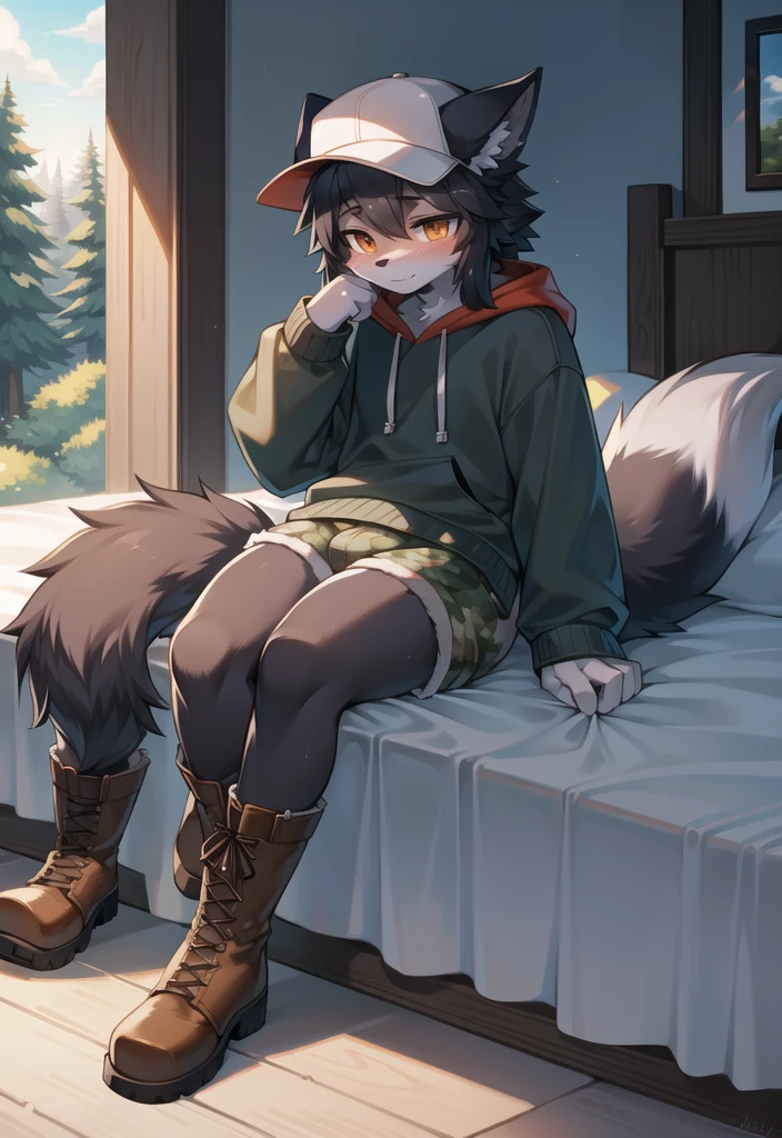 (Wolf, furry, anthropomorphic), male, feminine body, sitting on bed, bedroom background, outside, wearing shorts, wearing woodland camo hoodie, Furry art, Fur on arms, big Floofy tail, fur on legs, (Black Fur covering whole body, Best quality, human like body figure), Noon, wearing white hat, wearing boots, face blush