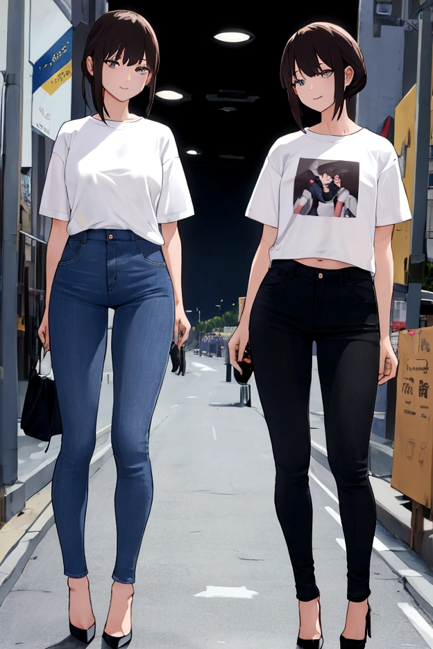 Full body photo、T-Shirts、jeans、High heels、