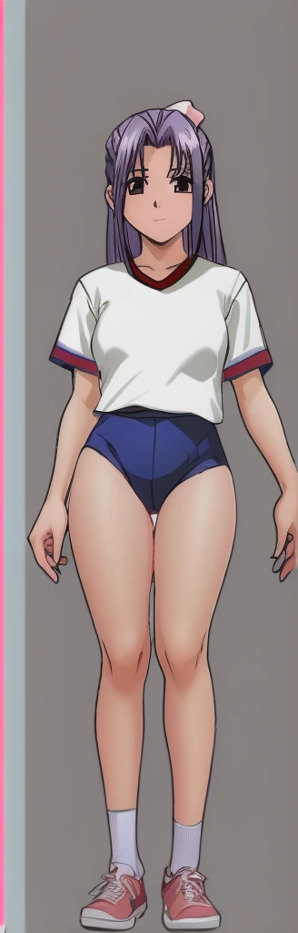 Momoko Koigakubo, a tall girl with beautiful legs, is standing with her legs spread to the side in a white gym uniform and light navy blue bloomers that look like panties.。
