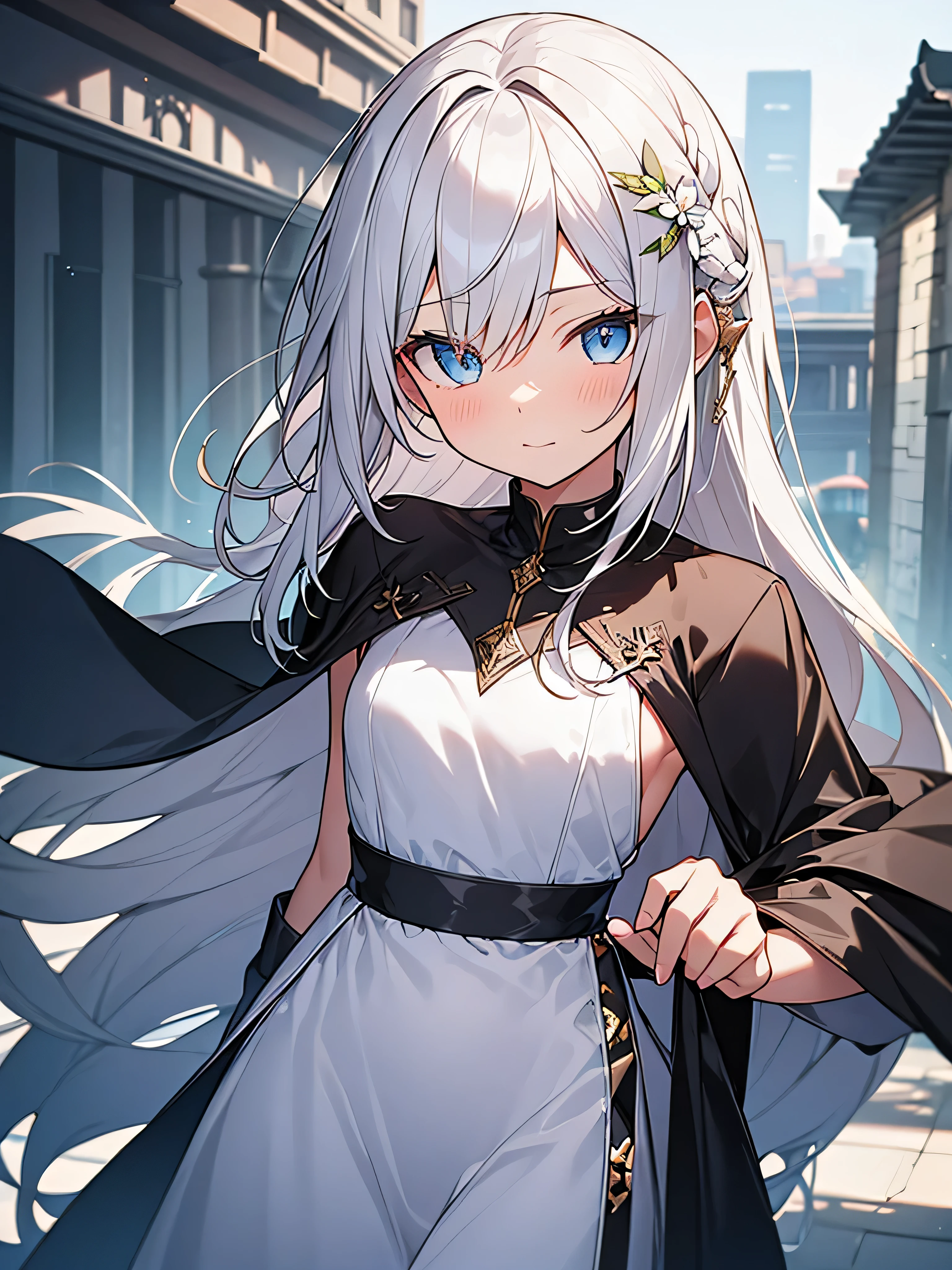 single anime girl
BREAK long white-silver hair, braid, side bangs, hair ornament, flower hair clip, blue eyes, thin lips, small , thin thighs
BREAK casual dress, gold ring, sleeveless dress, dark blue dress
BREAK looking at viewer, upper body, blush, slightly annoyed face, walking, dynamic pose
BREAK middle ages city background
BREAK (masterpiece:1.2), best quality, high resolution, unity 8k wallpaper, (illustration:0.8), (beautiful detailed eyes:1.6), extremely detailed face, perfect lighting, extremely detailed CG, (perfect hands, perfect anatomy)