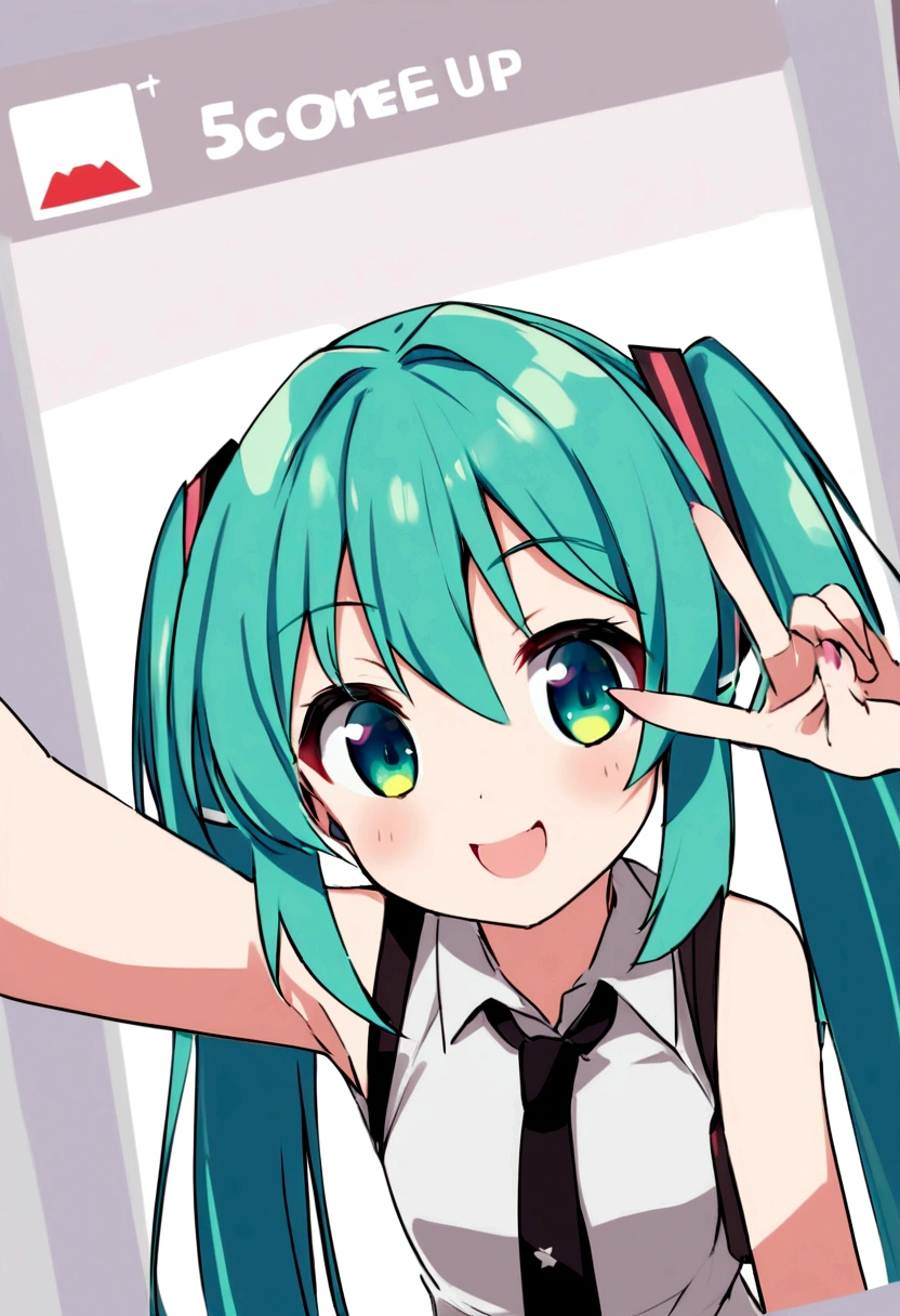 score_9, score_8_up, score_7_up, score_6_up, score_5_up, score_4_up, source_anime, BREAK    hatsune_miku, solo, 1girl, smile, adorable face , cute, long eyelashes, elbow out of frame, one hand out of frame, necktie, selfie, closeup, recording, pov, v sign, upper_body