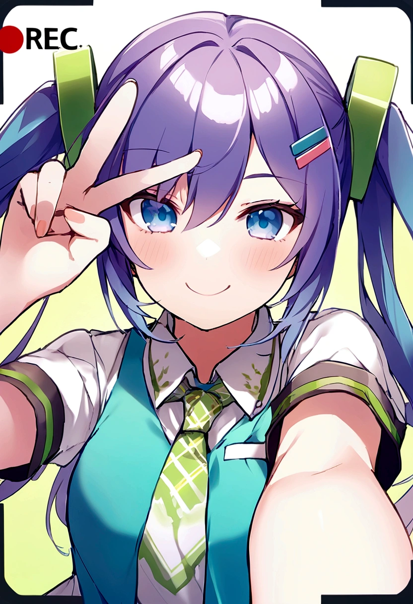 score_9, score_8_up, score_7_up, score_6_up, score_5_up, score_4_up, source_anime, BREAK hatsune_miku, solo, 1girl, smile, adorable face , cute, long eyelashes, elbow out of frame, one hand out of frame, necktie, selfie, closeup, recording, pov, v sign, upper_body