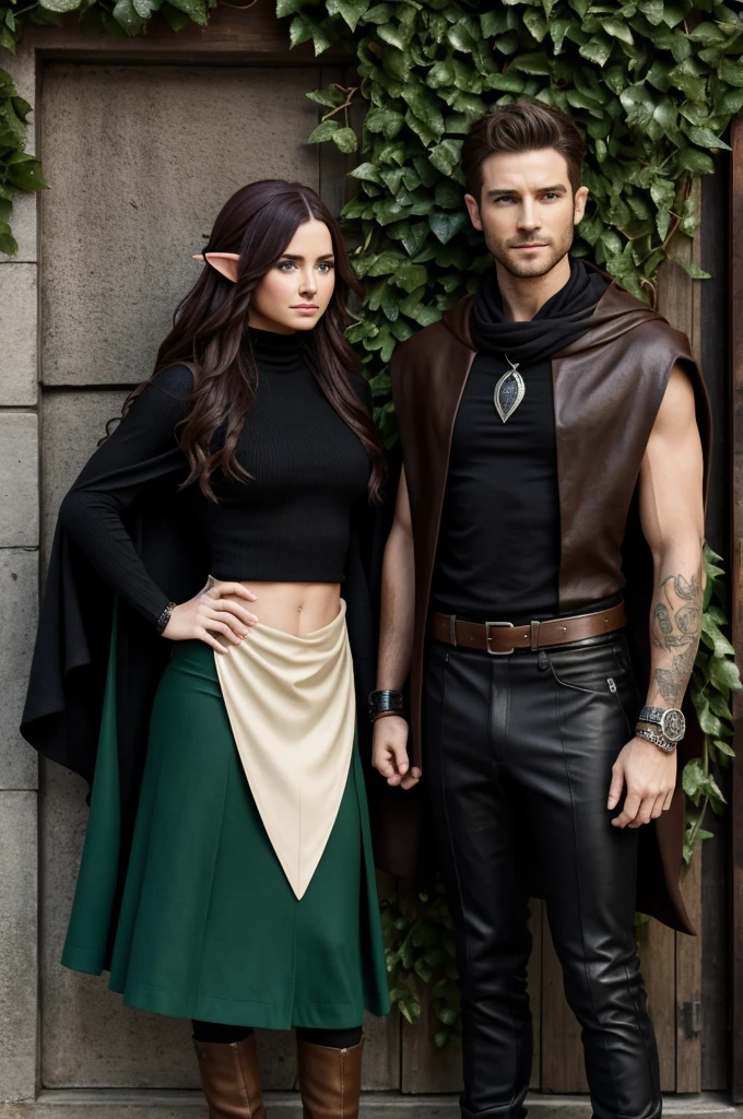Demi ELF mi-elf mi-homme qui fait 1m75 c'est un rôdeur il porte une cape noire un pantalon vert un col roulé marron un bracelet en cuir avec les yeux marrons les cheveux marron raid du milieu et porte aussi des bottines noires courtes