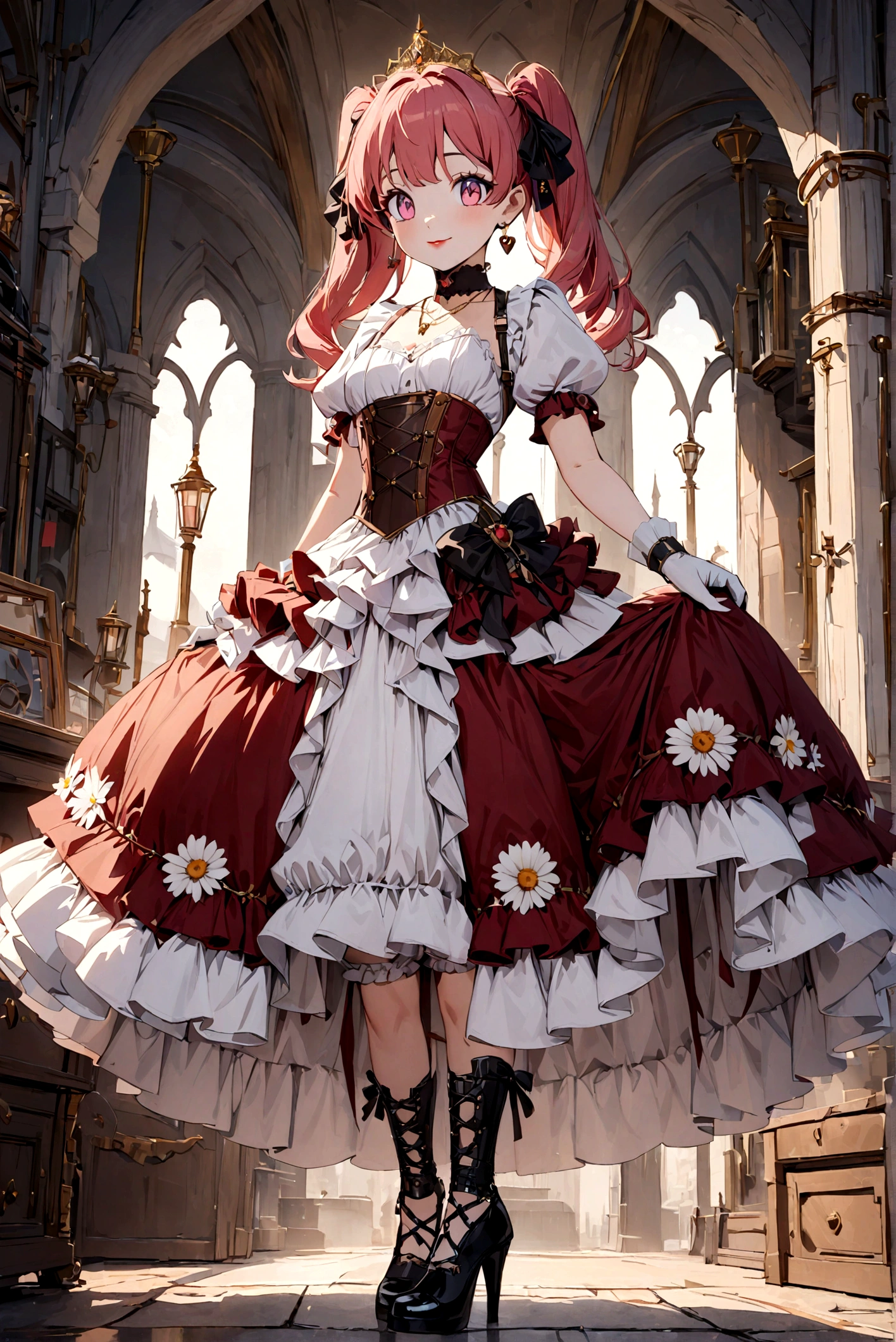 (best quality,4k,8k,highres,masterpiece:1.2),ultra-detailed, Pretty  princess, drawn in anime style, is cute and happy, long red pigtails hair, pink eyes, small breast, makeup and lipstick, steampunk, red and white ball gown with puffy sleeves, physically-based rendering,gorgeous frilly dress design,flowing gown,elaborate lace details,rich textures,contrast stitching,delicate ribbon bows,floral accents, daisy flowers embroidery, full skirt,short sleeves,fitted waistline,flared cuffs,lace-up back,luxurious fabrics,flawless silhouette, petticoat, bloomers, bustle, corset, hair ribbons, white elbow gloves, ruby earrings and necklace, gold tiara, high heels, holding a fencing sword, standing in castle bedroom, highly detailed, 4K.