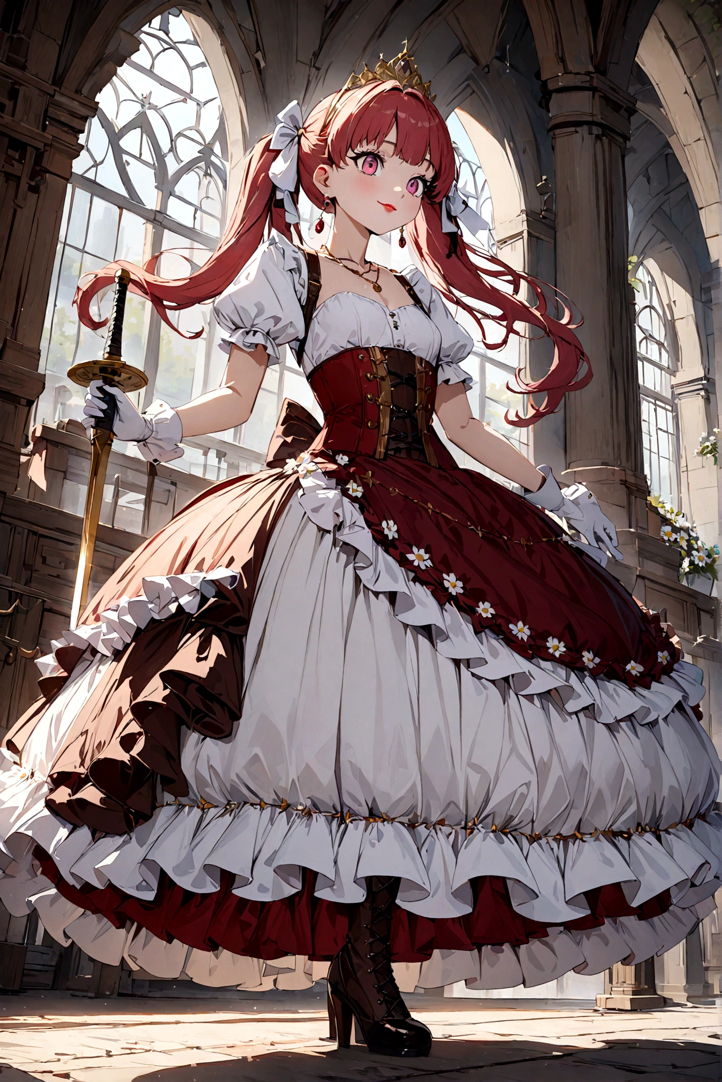 (best quality,4k,8k,highres,masterpiece:1.2),ultra-detailed, Pretty  princess, drawn in anime style, is cute and happy, long red pigtails hair, pink eyes, small breast, makeup and lipstick, steampunk, red and white ball gown with puffy sleeves, physically-based rendering,gorgeous frilly dress design,flowing gown,elaborate lace details,rich textures,contrast stitching,delicate ribbon bows,floral accents, daisy flowers embroidery, full skirt,short sleeves,fitted waistline,flared cuffs,lace-up back,luxurious fabrics,flawless silhouette, petticoat, bloomers, bustle, corset, hair ribbons, white elbow gloves, ruby earrings and necklace, gold tiara, high heels, holding a fencing sword, standing in castle bedroom, highly detailed, 4K.