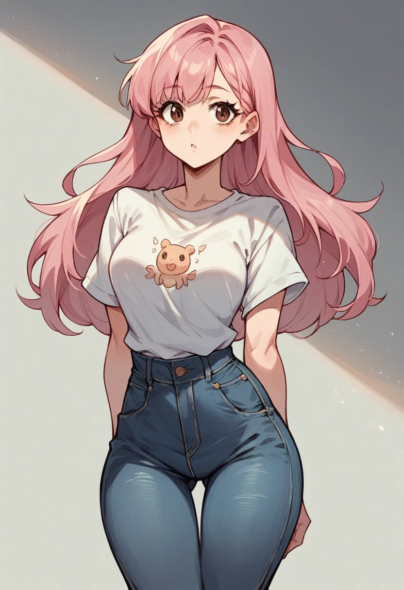 cute girl brown eyes pink hair very small  black jeans gray t-shirt thin waist medium hips