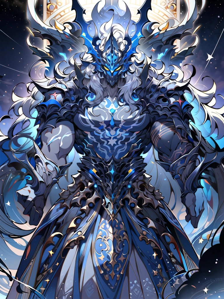 8K resolution, Highly detailed, Digital Painting, Concept art, of the highest quality, Best quality, One, beautiful, 1 man, with a sporty body, V-shaped body, glowing silver detailed armor with glowing blue details, black detailed helmet/crown, floating hair, long hair, white hair, glowing white eyes, blue threads, silver light, against the background of stars and galaxies
((best quality)),((masterpiece)),((highres)),((detailed)), original, extremely detailed 8K wallpaper,intricate details, hyperdetailed, hyper quality, high detail, ultra detailed,perfect lighting, anime,comic,game CG,