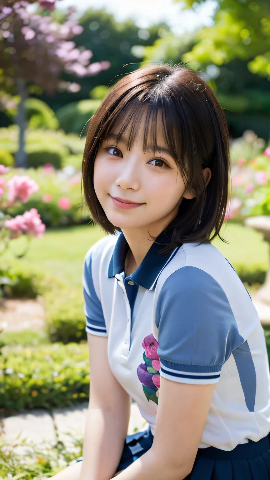 (best quality,masterpiece:1.3,Ultra-high resolution),(Super detailed,Caustic lines,8K), (Reality:1.4, RAW Shooting),garden,Grass,sit,Japanese,20 years old,Lovely,(Smile),looking into camera,Black short hair,Polo Shirt,mini skirt,Half-length photo,High Angle,High Position,Face focus,Close-up of face,Natural light