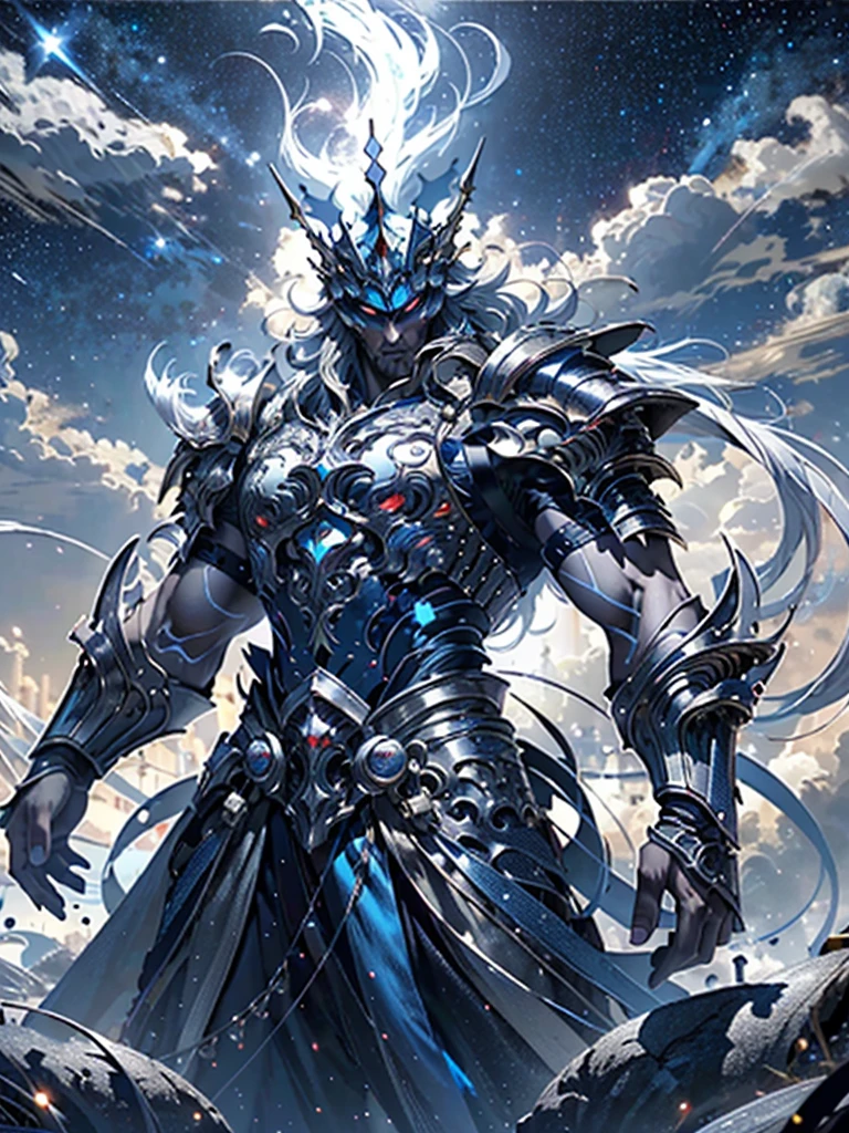 8K resolution, Highly detailed, Digital Painting, Concept art, of the highest quality, Best quality, One, beautiful, 1 man, with a sporty body, V-shaped body, glowing silver detailed armor with glowing blue details, black detailed helmet/crown, floating hair, long hair, white hair, glowing white eyes, blue threads, silver light, against the background of stars and galaxies
((best quality)),((masterpiece)),((highres)),((detailed)), original, extremely detailed 8K wallpaper,intricate details, hyperdetailed, hyper quality, high detail, ultra detailed,perfect lighting,, anime,comic,game CG,