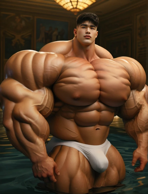 1boy, giant, model shoot style, staring, illuminating light, strong body, bulk, large size, in the flooded room with , nude, white triangular underwear, prominent bulge, big, brutalmass, giant, muscular body, bulk, massive body, large meaty body size 