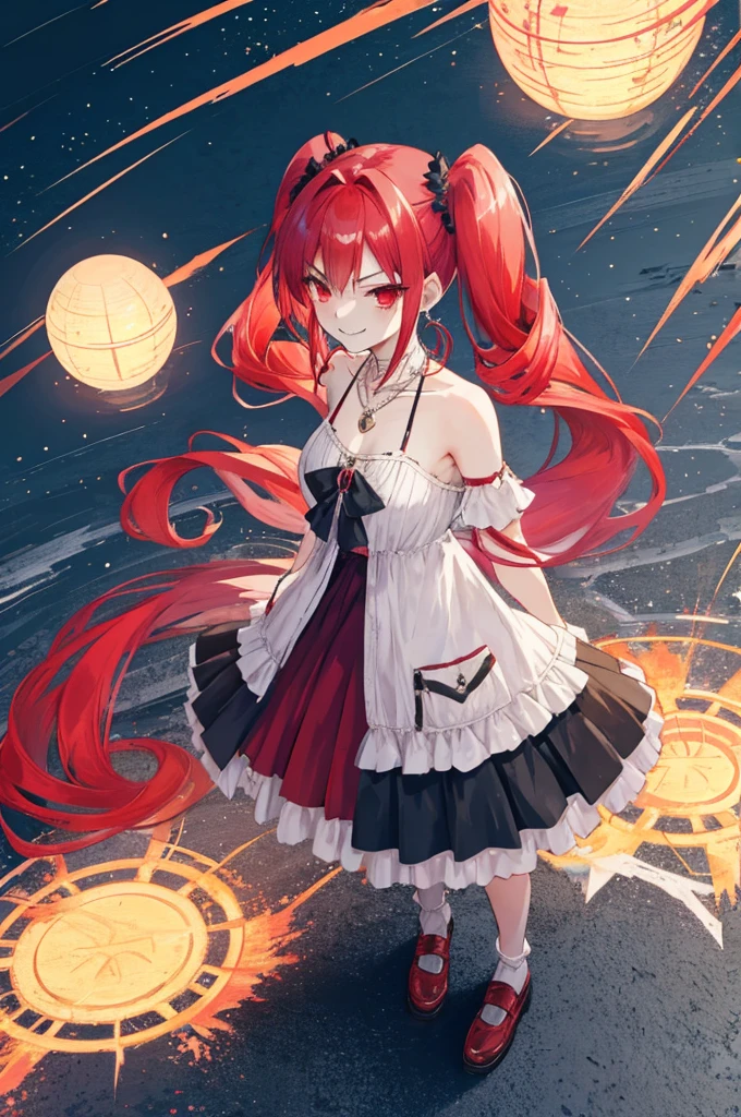 {{Eroge,Game CG,High quality game CG},{{{1girl in}}},{{masutepiece}}, {{{Best Quality}}}, {{Ultra-detailed}}, {{Illustration}},,{{magical little girl}},brooches,,,, {{disheveled hair}},,Big hair, Gradient Hair,Small breasts,,,Drill Hair, {pocket watch},absurdly long hair, Dreadlocks, Red hair, Red hair,Red hair,Gradient Hair,((Evil smile)), v shaped_eyebrows, zettai_ryouiki,,,, floral print and pleated skirt. Add accessories like fringed earrings or a statement necklace.、Complete the look. Gather on the grassland with adventurers,burning city background,((Shoulders and arms are exposed)),(Evil smile),Furious,(Evil smile),(loli girl),(loli girl),Jewel-like red eyes,(Arms Exposed),((high twintails)),twintails, girl,((full body)),angry,burning city,turn around to look at me,