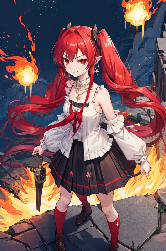 {{Eroge,Game CG,High quality game CG},{{{1girl in}}},{{masutepiece}}, {{{Best Quality}}}, {{Ultra-detailed}}, {{Illustration}},,{{magical girl}},brooches,,,, {{disheveled hair}},,Big hair, Gradient Hair,Small breasts,,,Drill Hair, {pocket watch},absurdly long hair, Dreadlocks, Red hair, Red hair,Red hair,Gradient Hair,((Evil smile)), v shaped_eyebrows, zettai_ryouiki,,,, floral print and pleated skirt. Add accessories like fringed earrings or a statement necklace.、Complete the look. Gather on the grassland with adventurers,burning city background,((Shoulders and arms are exposed)),(Evil smile),Furious,(Evil smile),(loli gl),(loli gir,Jewel-like red eyes,(Arms Exposed),((high twintails)),twintails, girl,((full body)),angry,burning city,turn around to look at me,