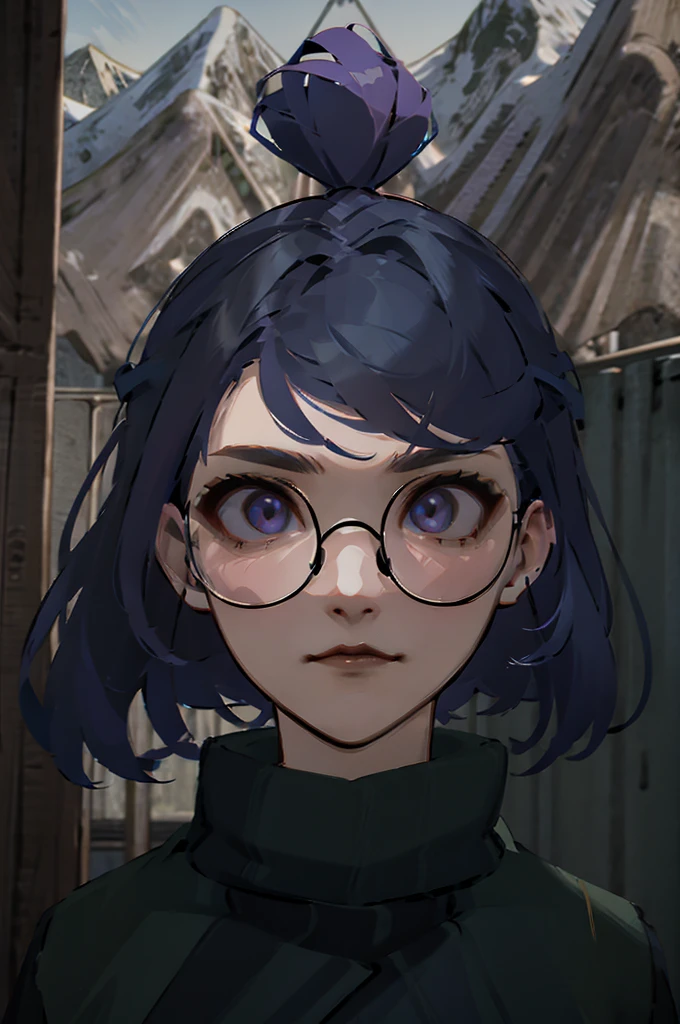 1girl, solo, purple hair, green jacket, black skirt, mountain in background, wearing glasses, perfection, beautiful, masterpiece
