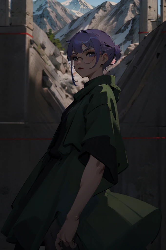 1girl, solo, purple hair, green jacket, black skirt, mountain in background, wearing glasses, perfection, beautiful, masterpiece