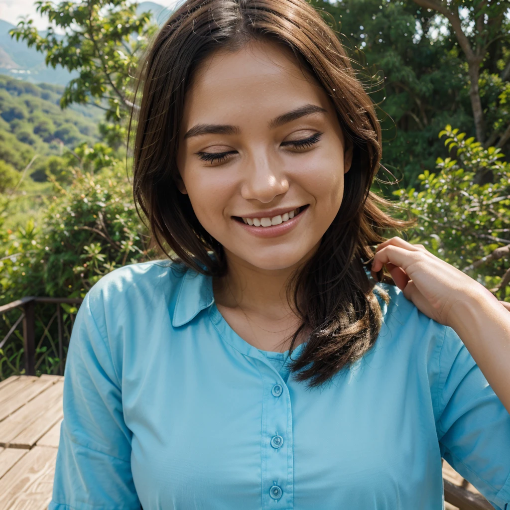 Person opening their eyes and smiling, with a view of the surrounding nature.