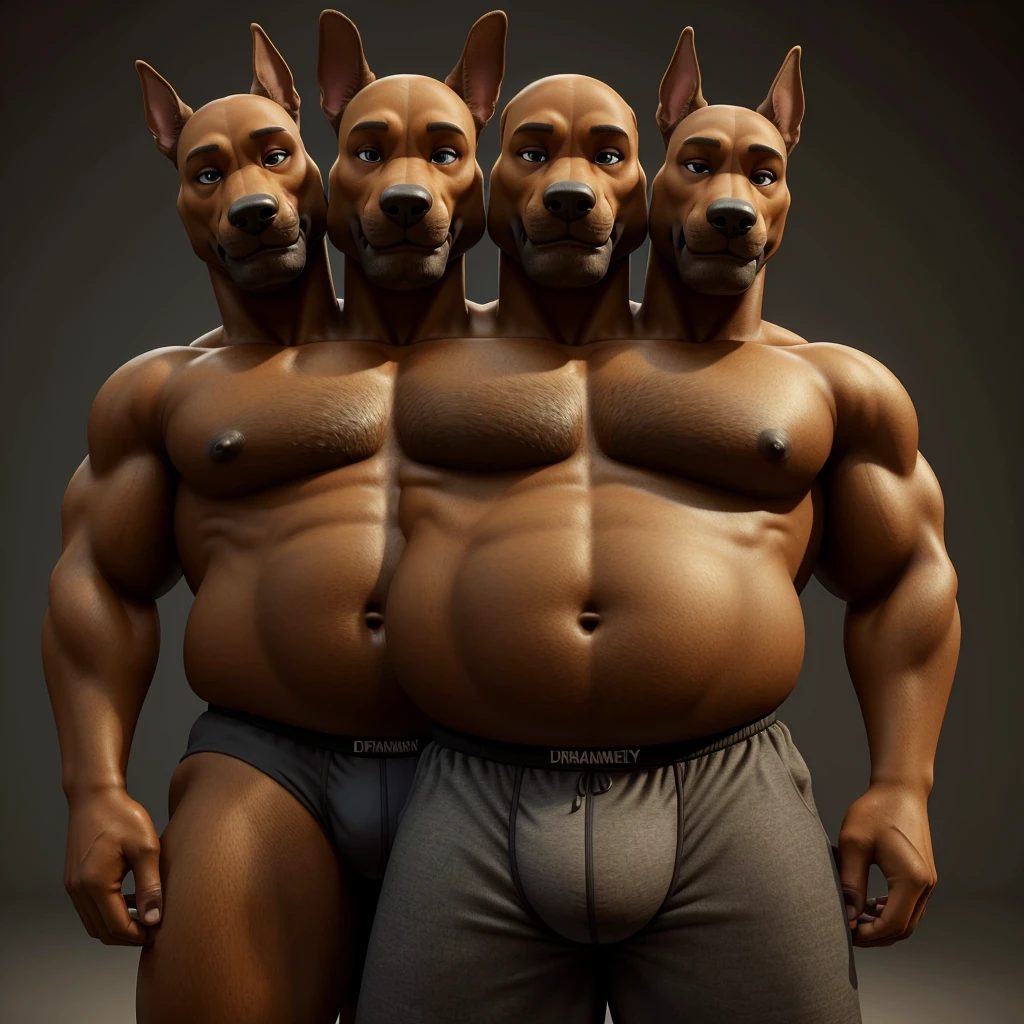 solo, doberman pinscher, three identical heads on one body, black and brown fur, bald, doberman pinscher ears, masculine, necks, (eyes), adult, male, 50 years old, (stylized 3d, by disney, by rembrandt, by pixar, by dramamine), obese, solid gray background, (shirtless, underpants), correct hands, correct anatomy, ultradetailed, best quality, detailed masterpiece, highly detailed masterpiece, 4k, (professional cartoon), natural pose, detailed expressions