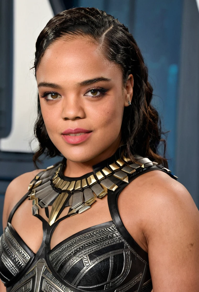 Extremely gorgeous woman Tessa Thompson AS A WAKANDAN WARRIOR, DETAILS, GOOD SKIN, highly detailed, skin pores, sharp focus, amazing details,